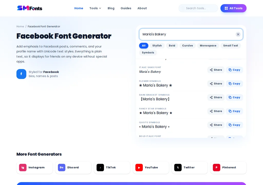 Bold Unicode text styles in the Facebook font generator results