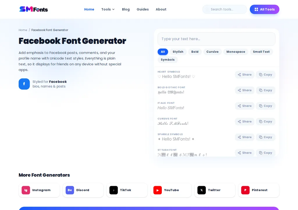 SMFonts Facebook Font Generator tool page