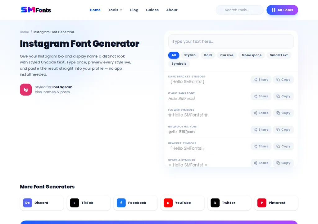 SMFonts Instagram Font Generator tool page