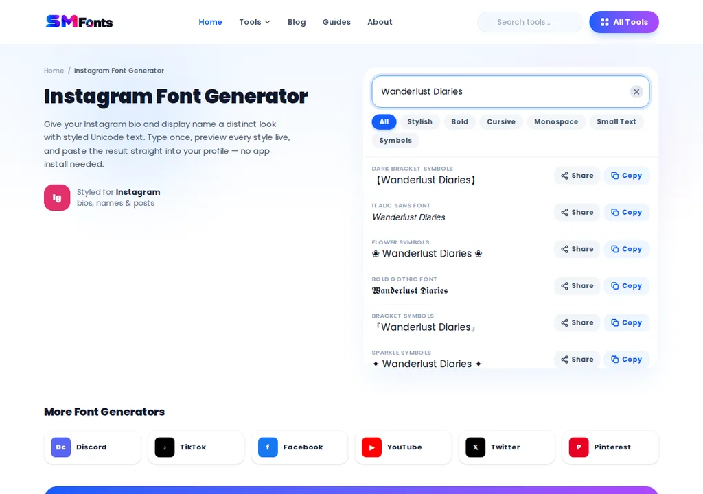 Typing 'Wanderlust Diaries' into the Instagram font generator input box
