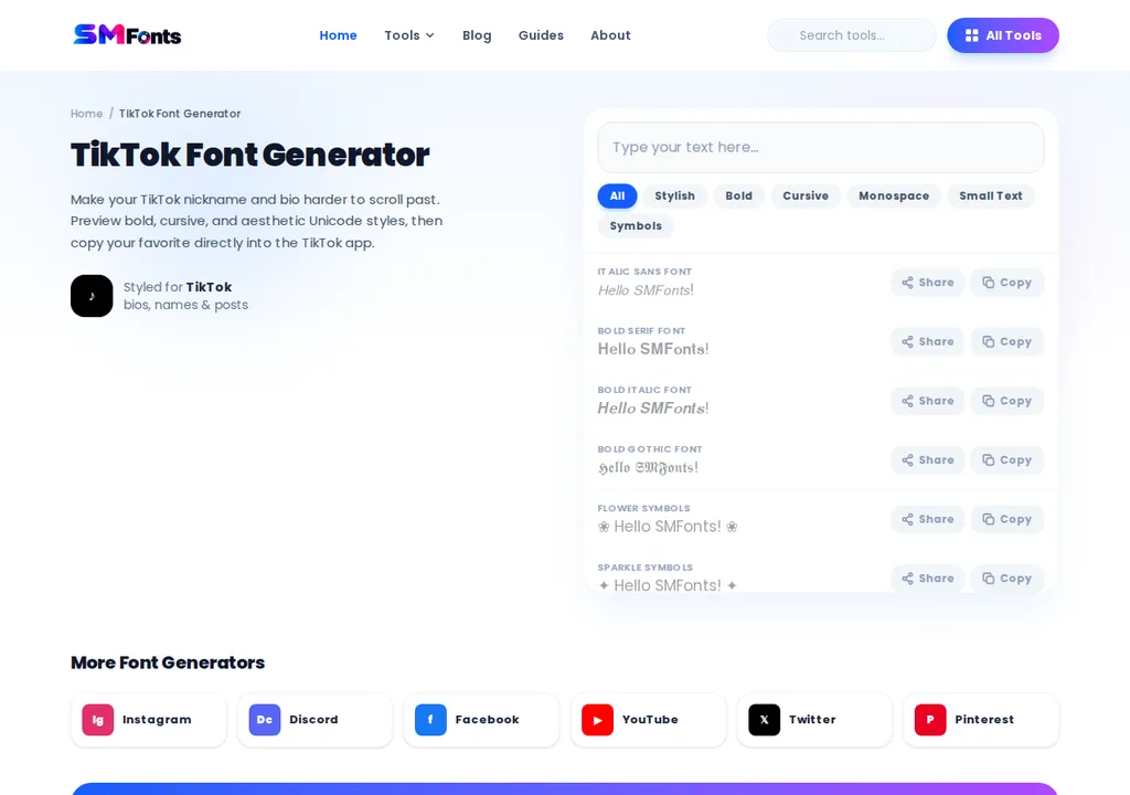 SMFonts TikTok Font Generator tool page