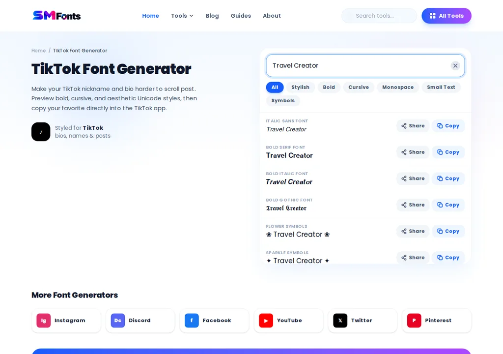 Typing 'Travel Creator' into the TikTok font generator input box
