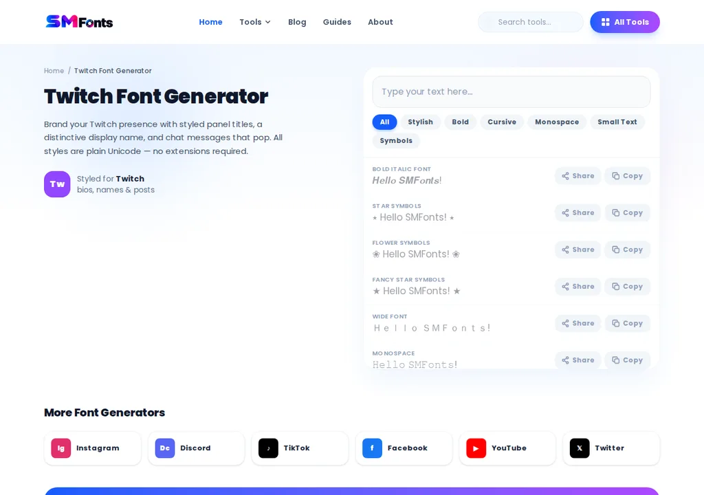 SMFonts Twitch Font Generator tool page