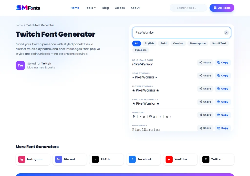 Typing 'PixelWarrior' into the Twitch font generator input box