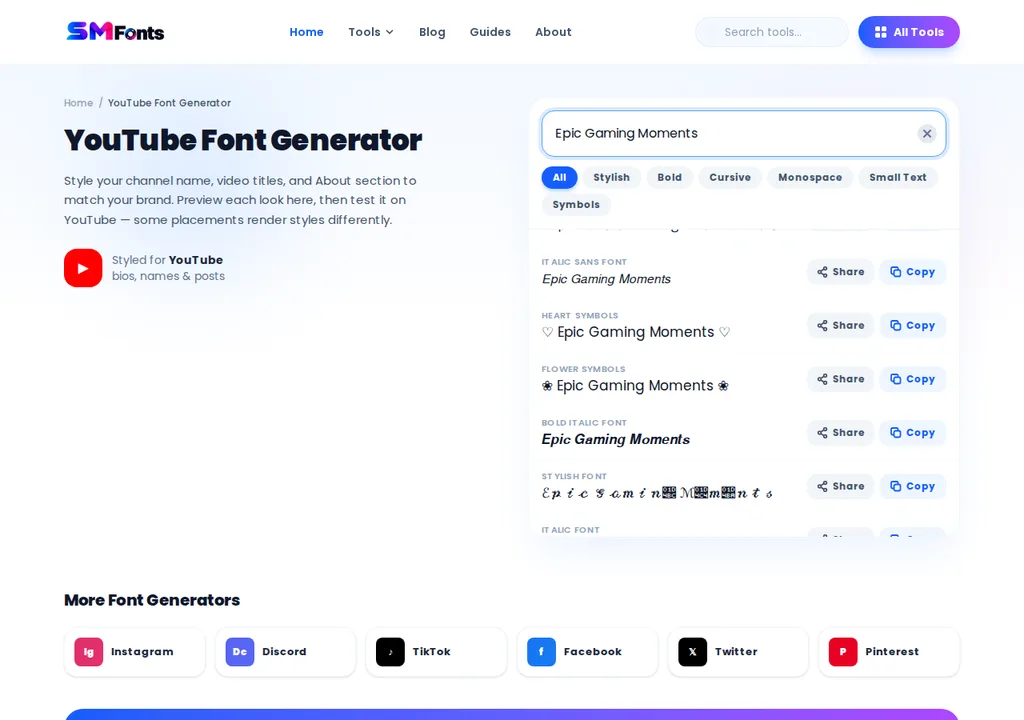YouTube font style options in the generator