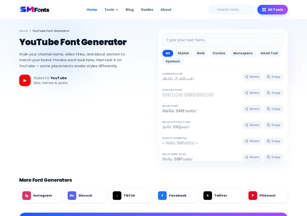 SMFonts YouTube Font Generator tool page