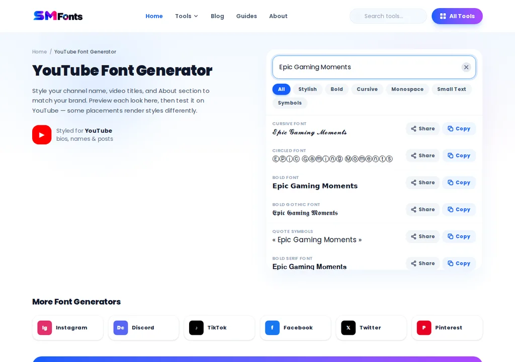 Typing 'Epic Gaming Moments' into the YouTube font generator input box